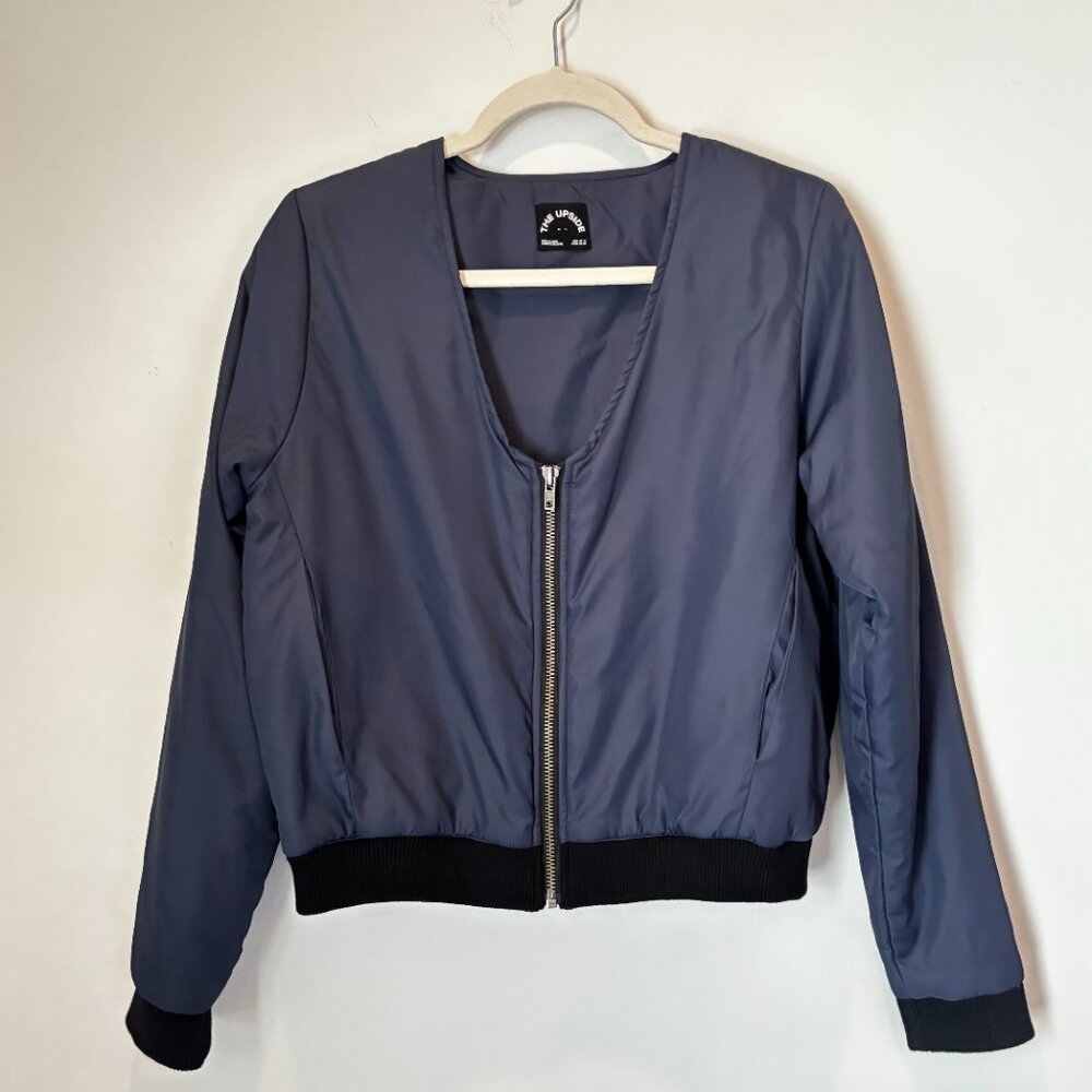 The Upside Byrow Bay Bomber Jacket with Pockets Size 6 Navy Biker Boho Art L60